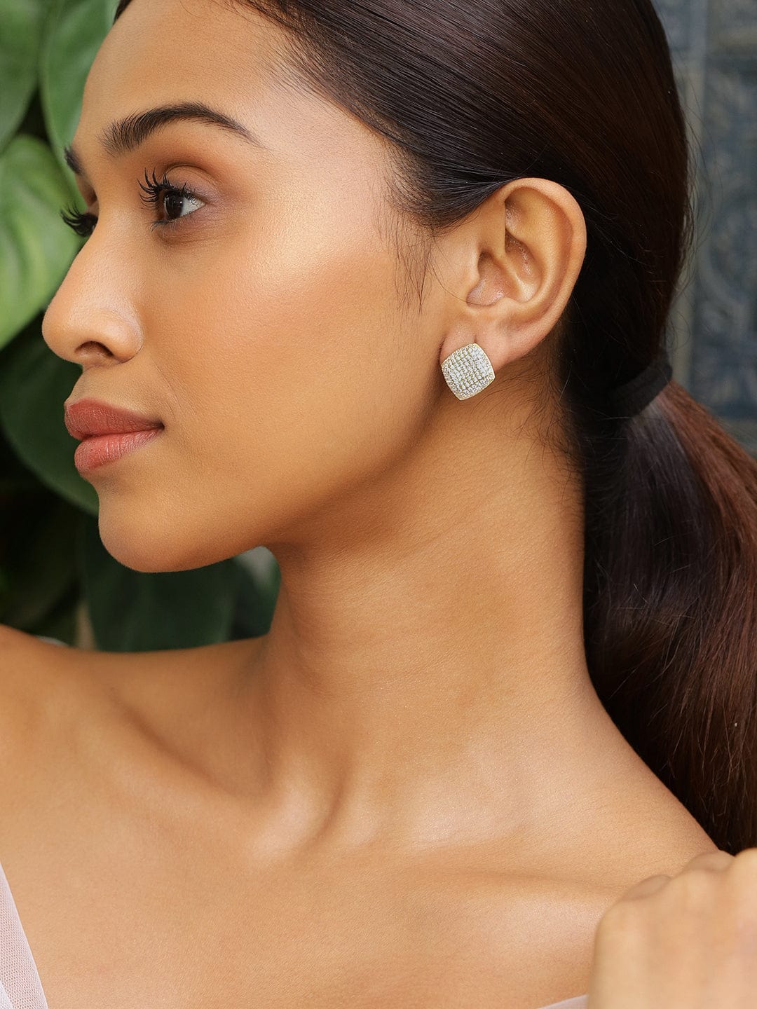 18K Gold-Plated Cubic Zirconia Studded Square Stud Earrings