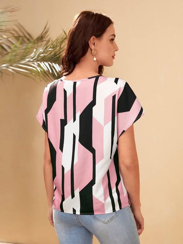 Casual Regular Sleeves Printed Women Pink, Black Top