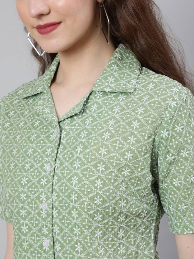Casual Regular Sleeves Embroidered Women Light Green Top