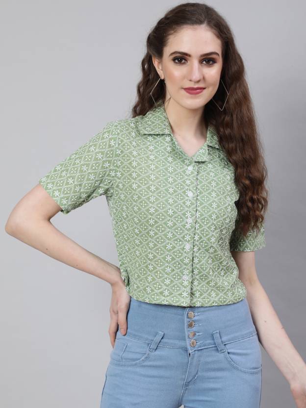 Casual Regular Sleeves Embroidered Women Light Green Top