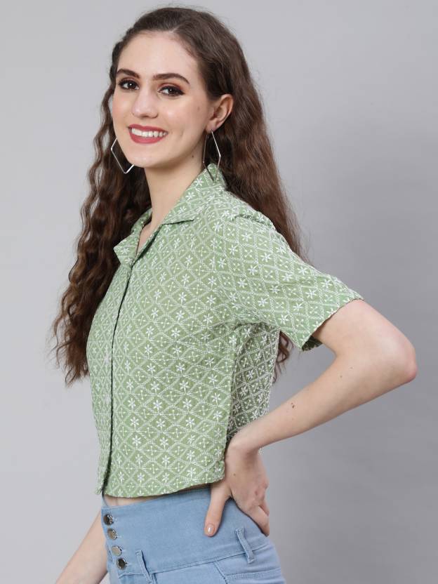 Casual Regular Sleeves Embroidered Women Light Green Top