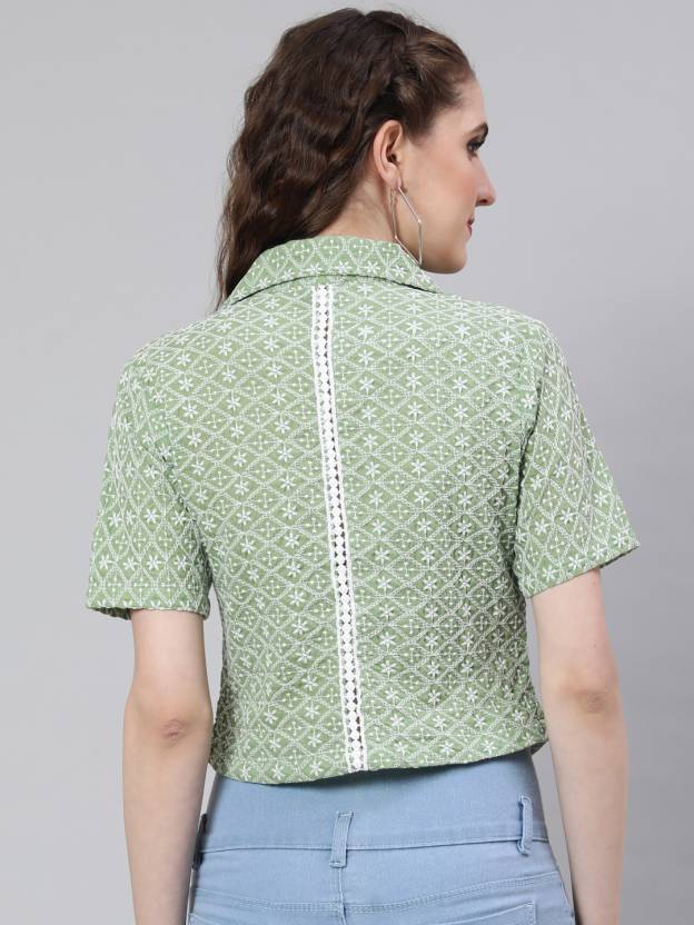 Casual Regular Sleeves Embroidered Women Light Green Top