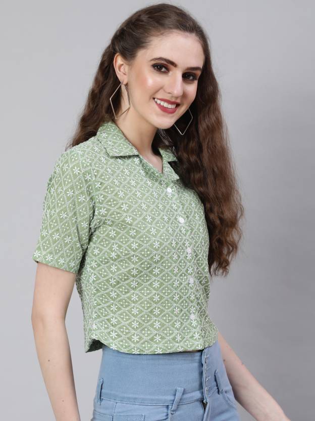 Casual Regular Sleeves Embroidered Women Light Green Top