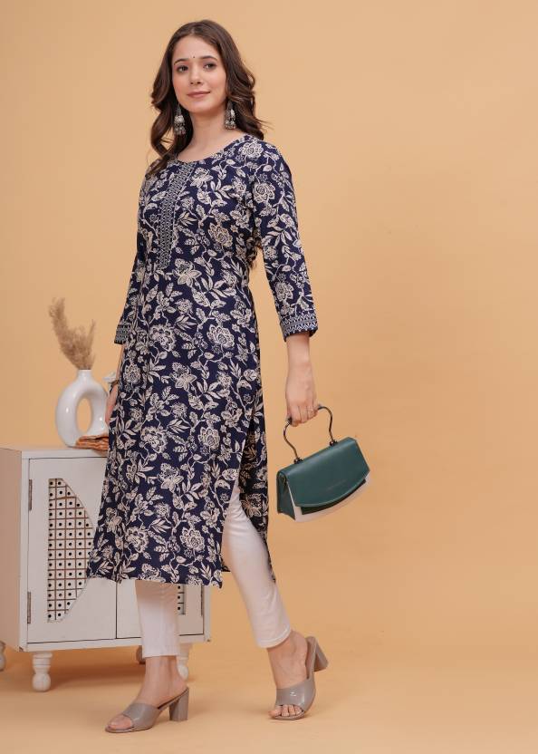 Women Blue Self Design Viscose Rayon Straight Kurta