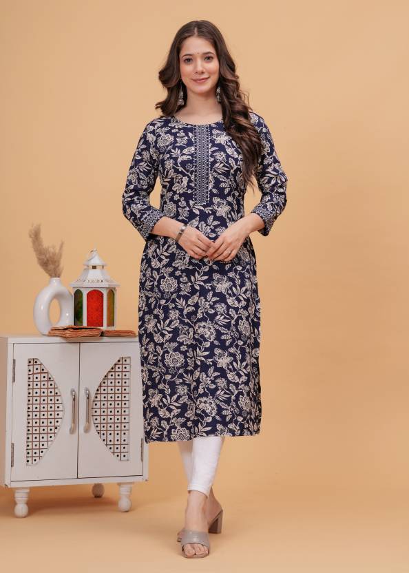 Women Blue Self Design Viscose Rayon Straight Kurta
