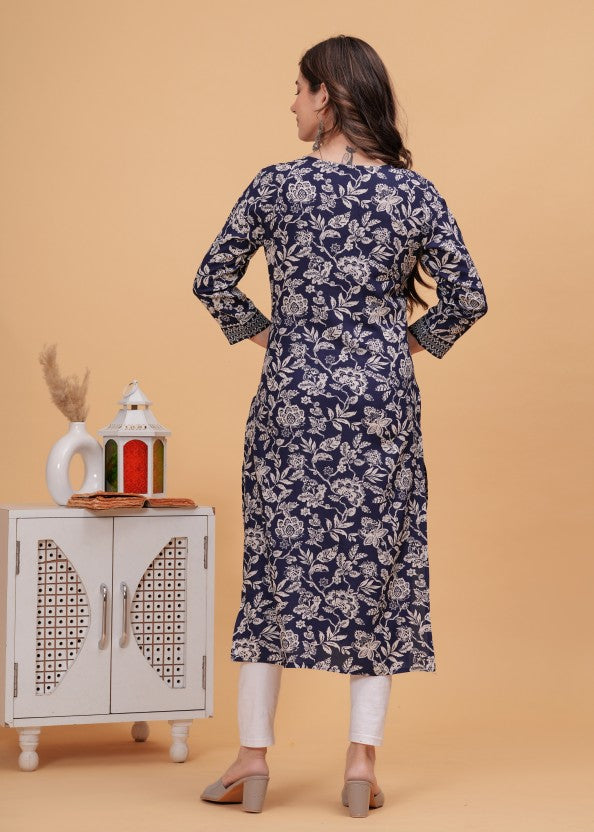 Women Blue Self Design Viscose Rayon Straight Kurta