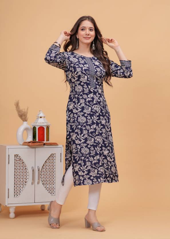 Women Blue Self Design Viscose Rayon Straight Kurta