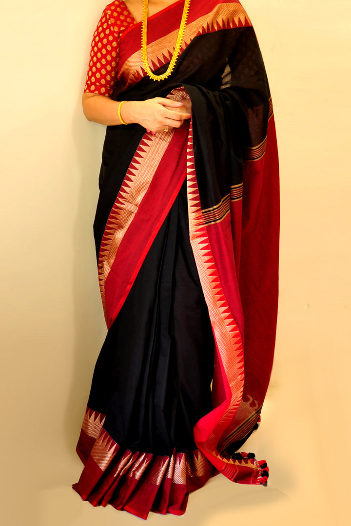Woven Cotton Saree Black Pepper & Red Chilly (SAREE)