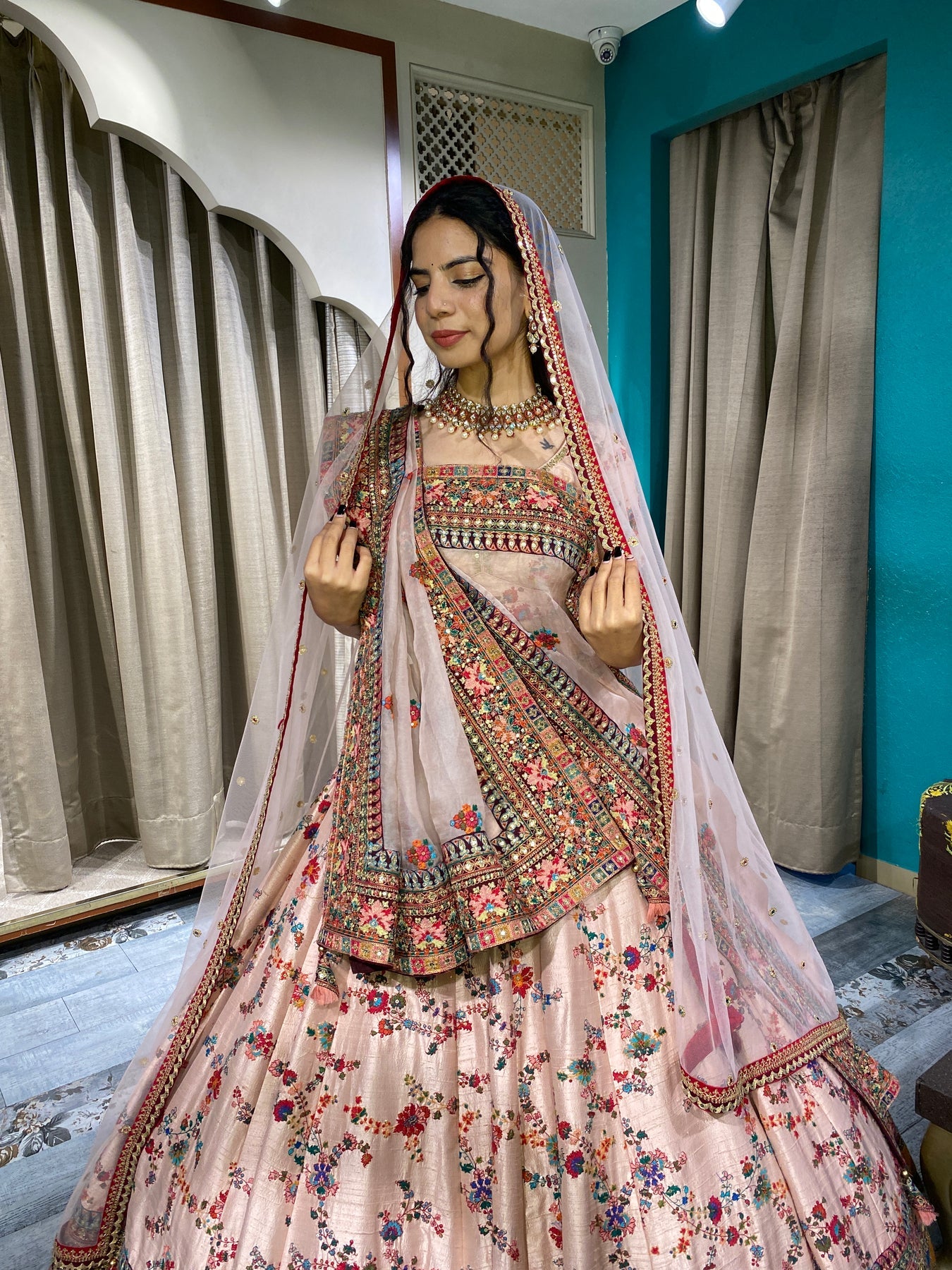 Elegant multi color floral motif printed and embroidered lehanga