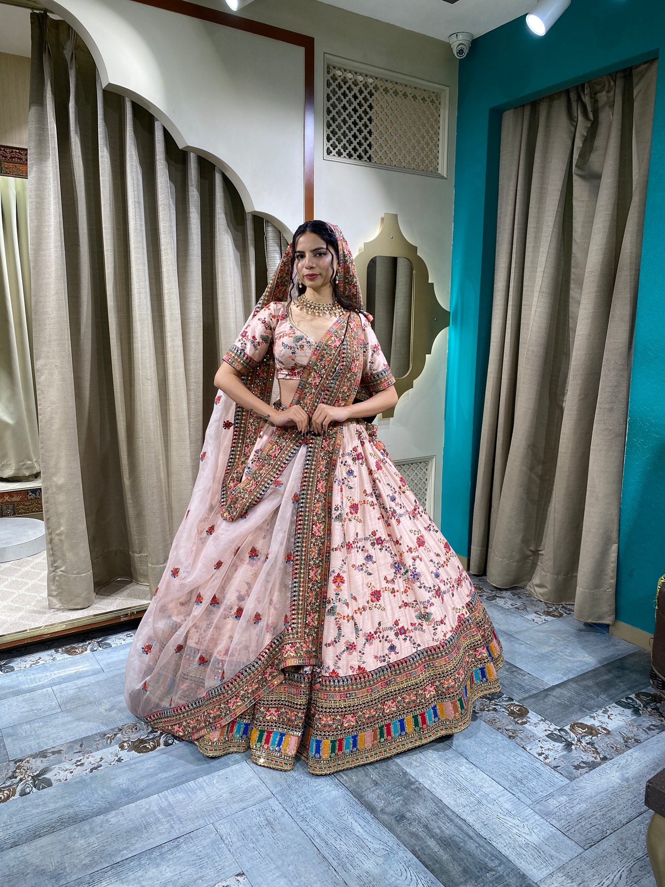 Elegant multi color floral motif printed and embroidered lehanga