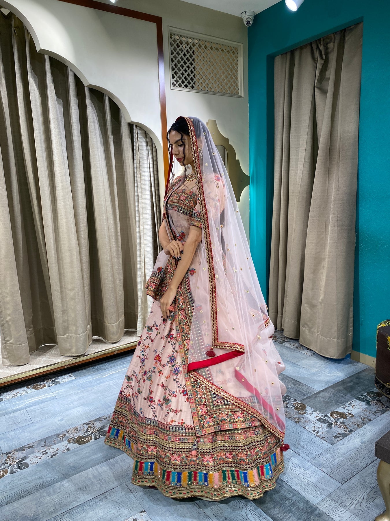 Elegant multi color floral motif printed and embroidered lehanga