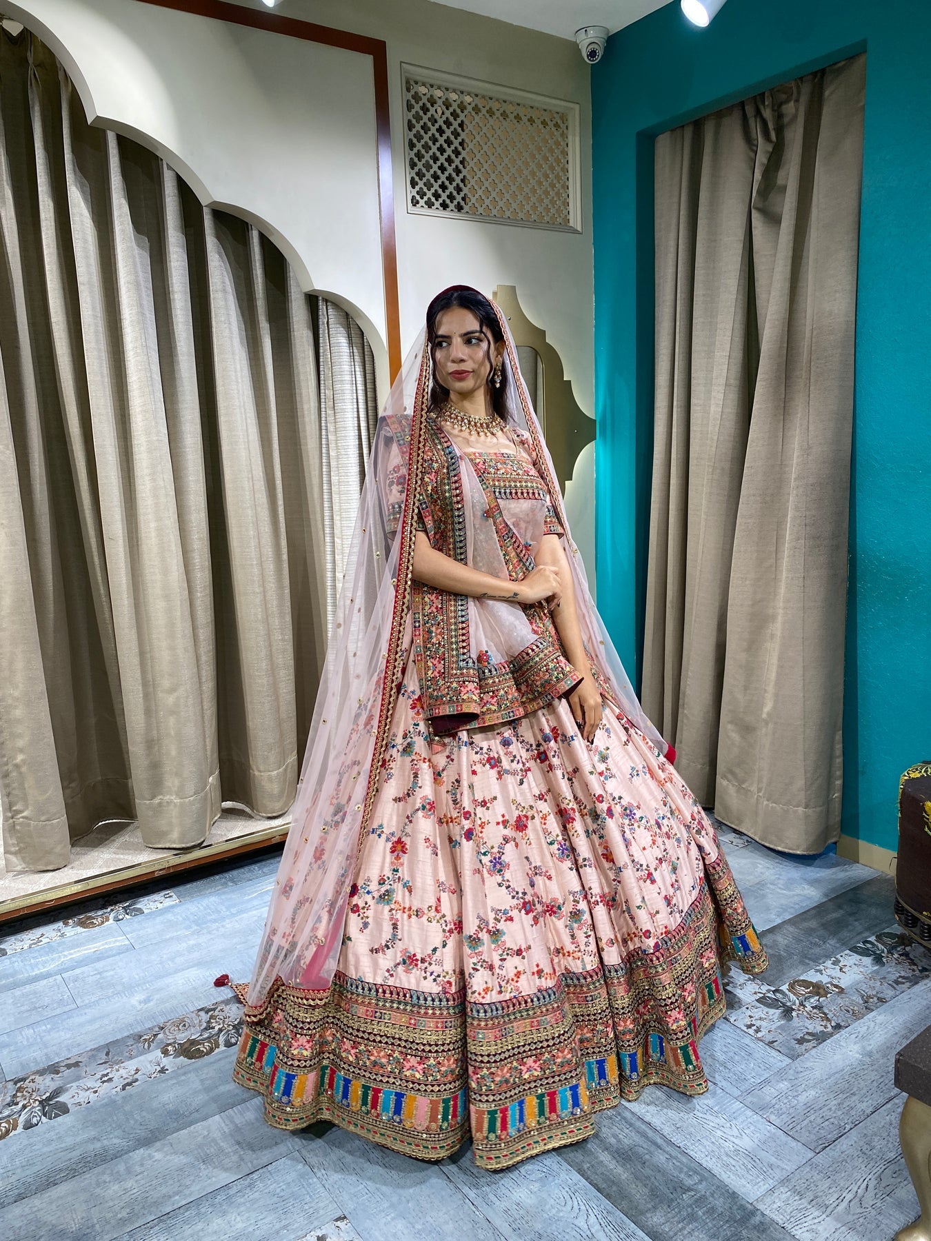 Elegant multi color floral motif printed and embroidered lehanga