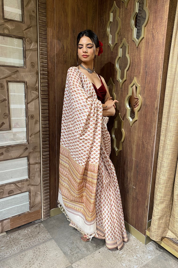 Classic beige floral motif printed cotton saree