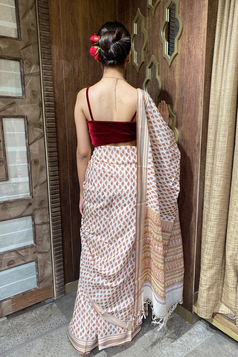Classic beige floral motif printed cotton saree
