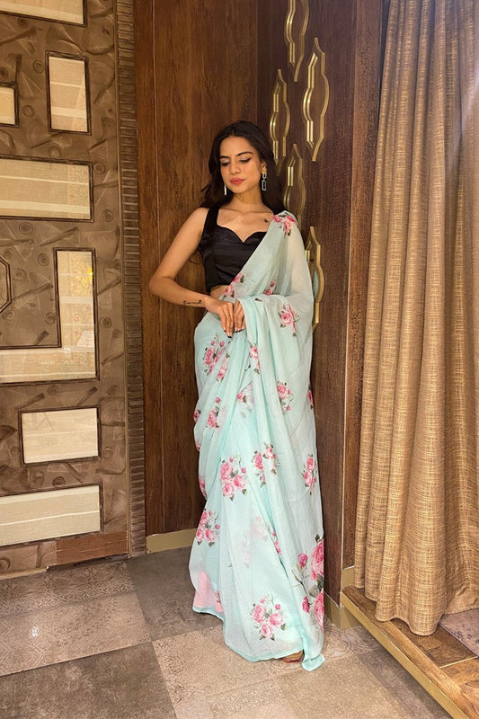 Elegant blue color floral motif printed saree