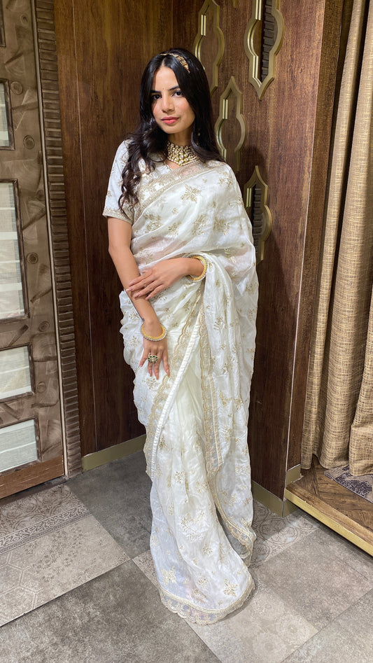Beautiful beige color floral jaal embroidered saree