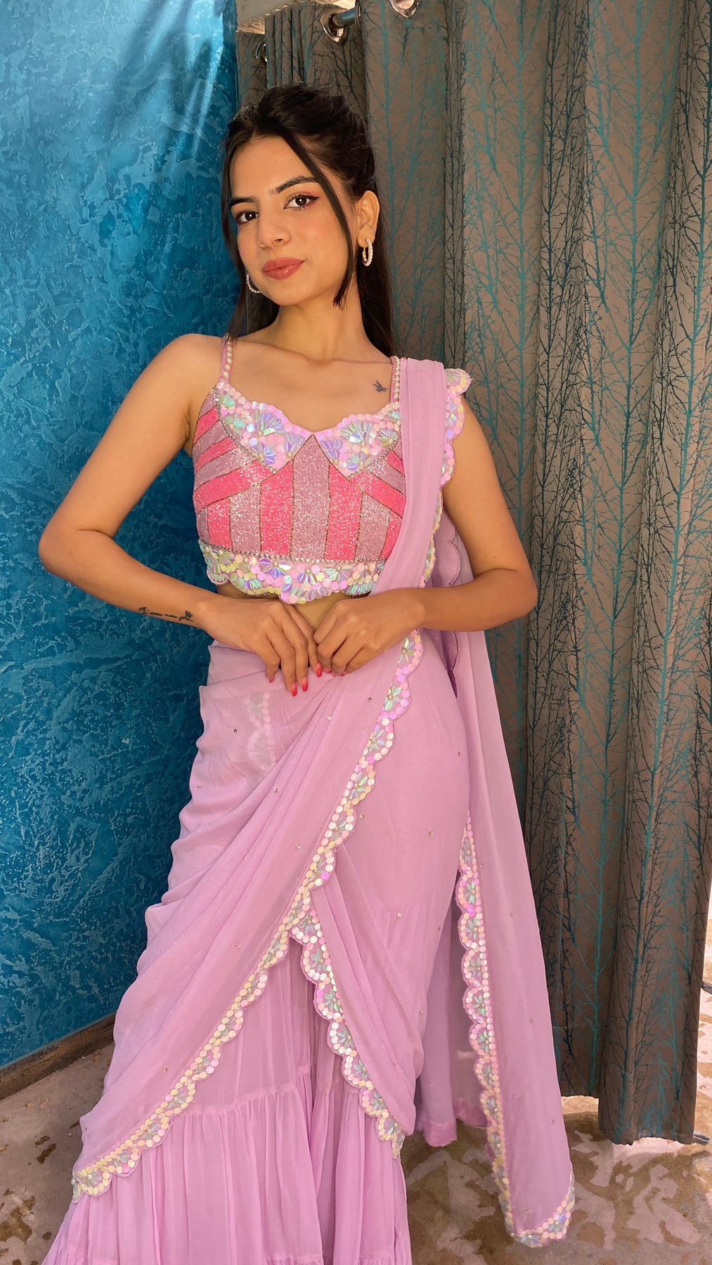 Beautiful pink color floral motif embroidered sharara with drape dupatta cum drape saree
