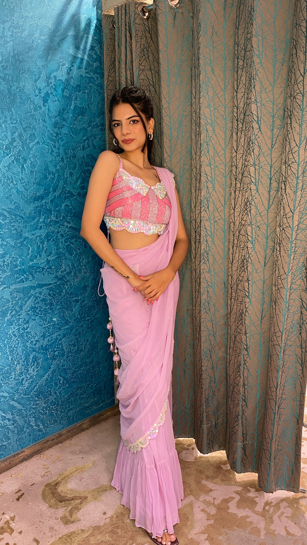 Beautiful pink color floral motif embroidered sharara with drape dupatta cum drape saree