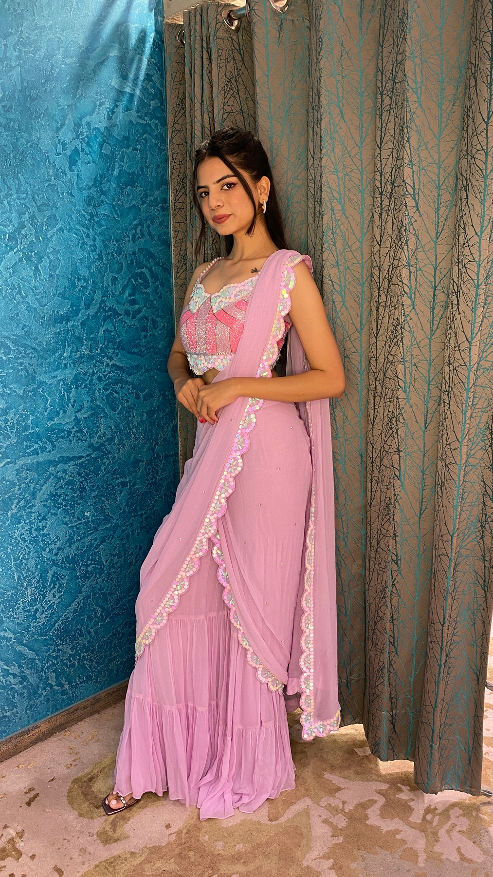 Beautiful pink color floral motif embroidered sharara with drape dupatta cum drape saree