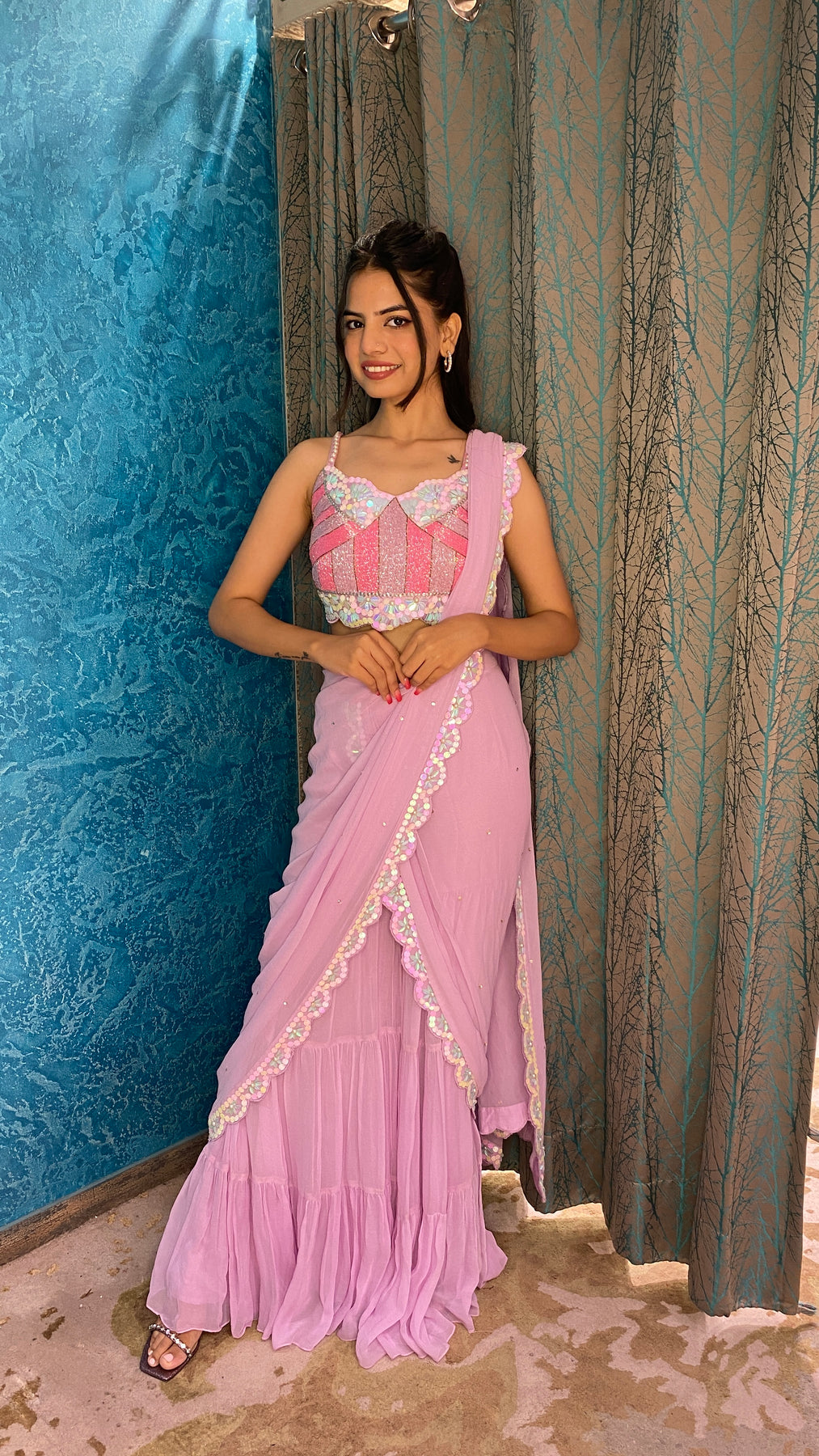 Beautiful pink color floral motif embroidered sharara with drape dupatta cum drape saree