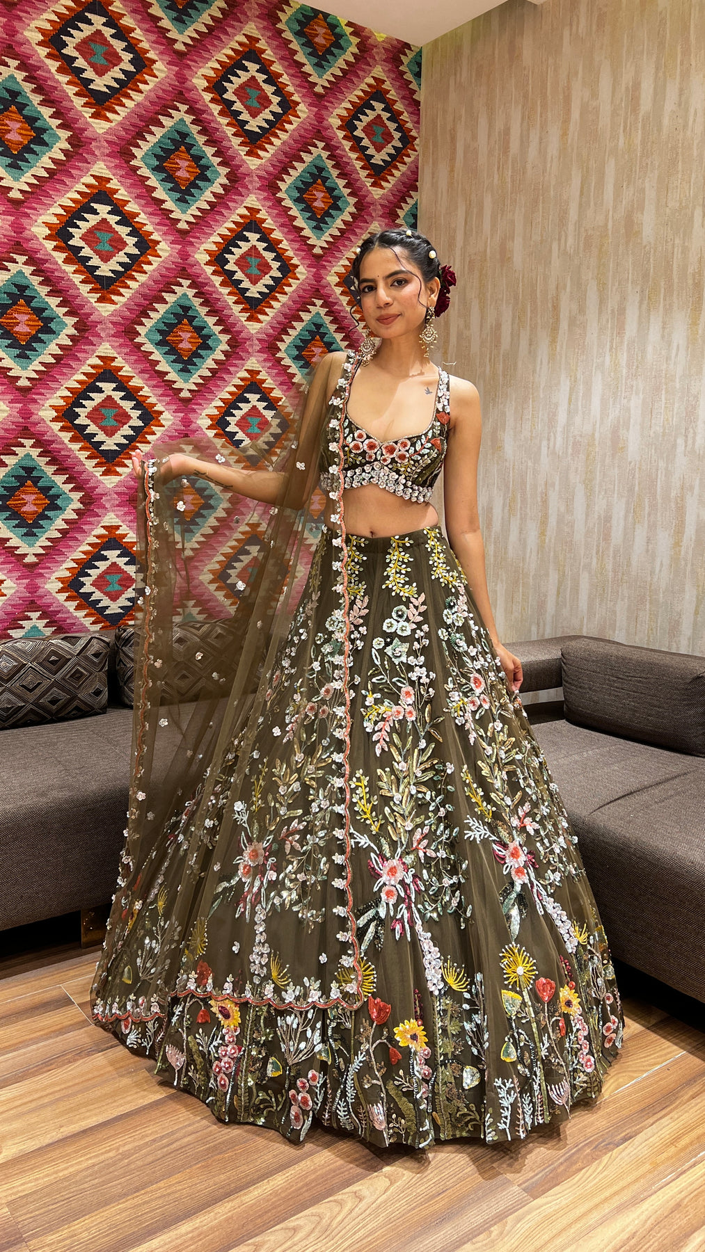 Pista Green Floral Motif Embroidered Lehenga Set