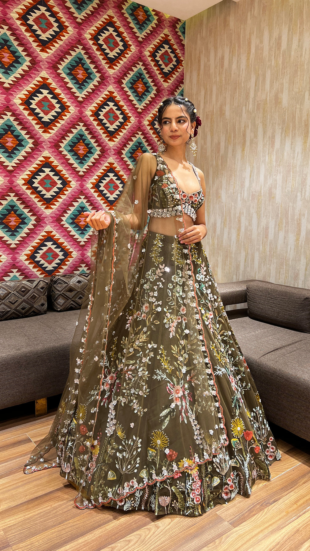 Pista Green Floral Motif Embroidered Lehenga Set