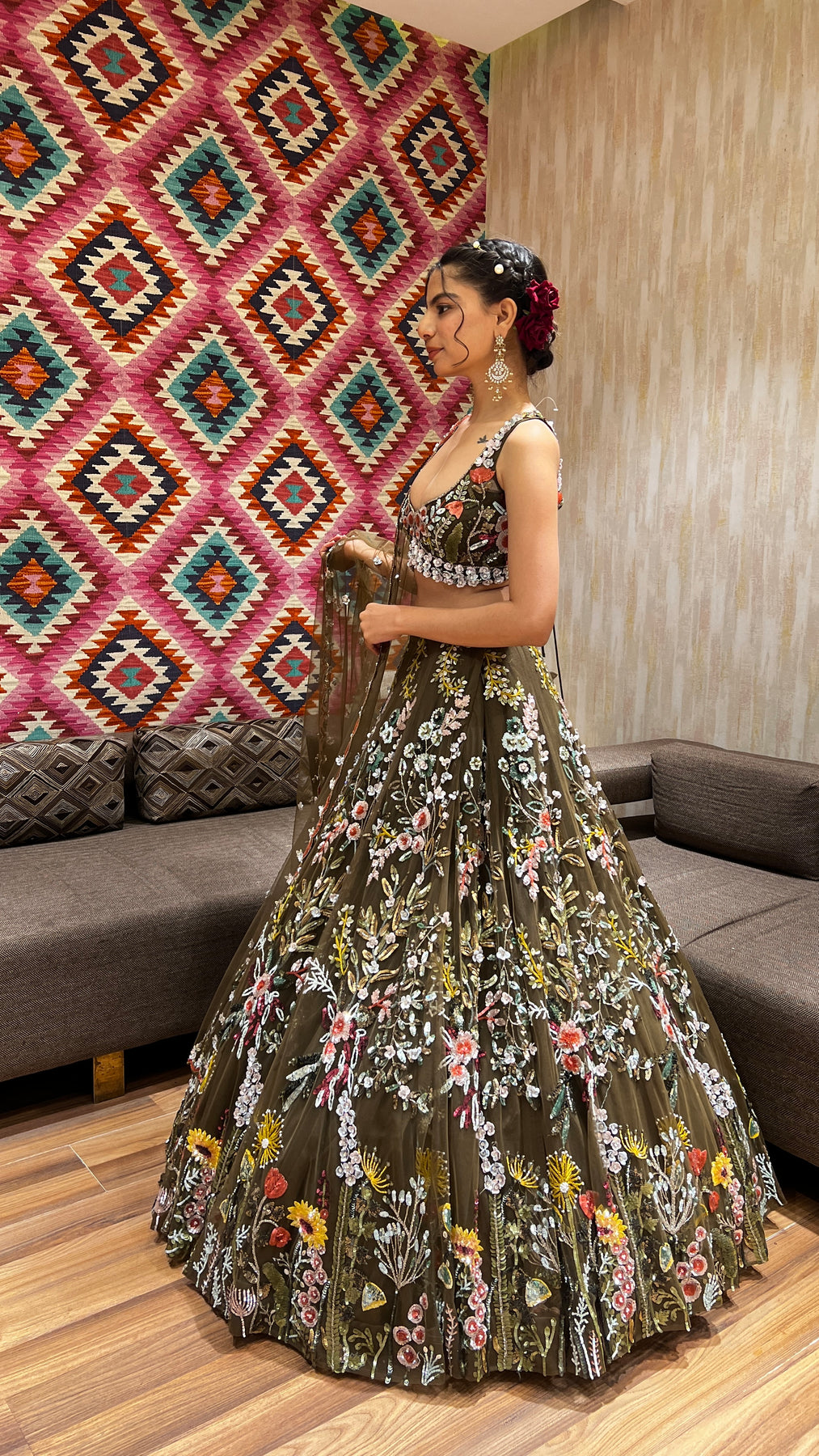 Pista Green Floral Motif Embroidered Lehenga Set