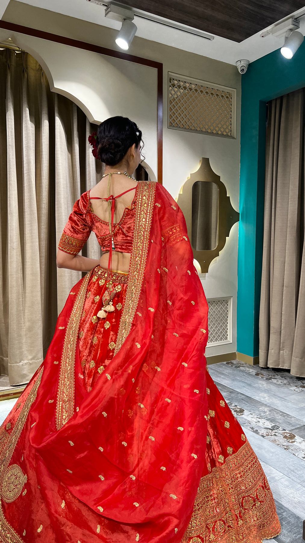 Beautiful red color embroidered velvet lehanga