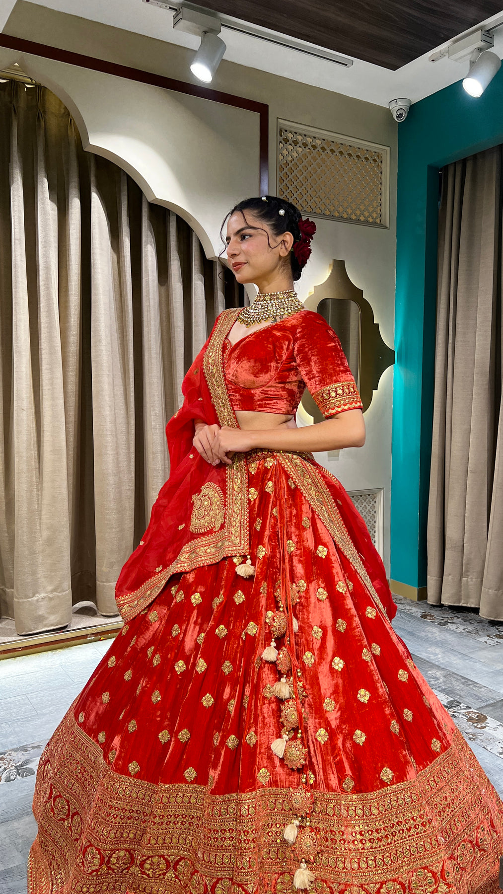 Beautiful red color embroidered velvet lehanga