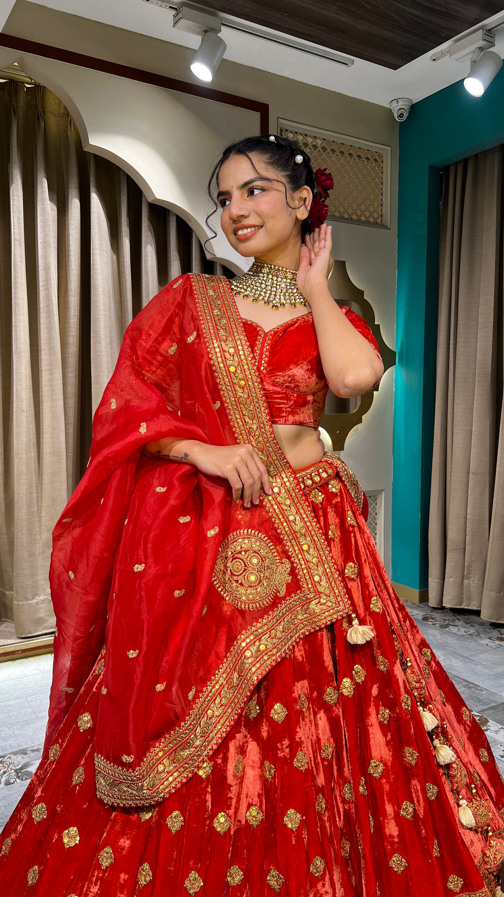 Beautiful red color embroidered velvet lehanga