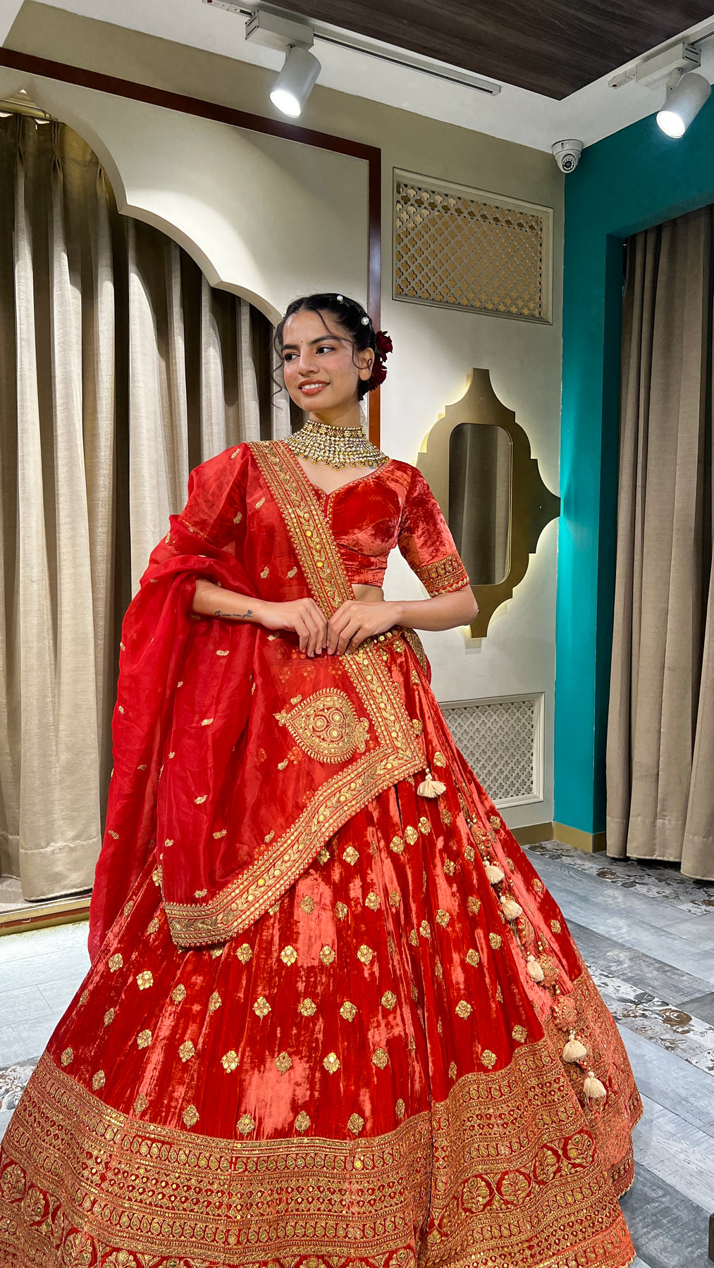 Beautiful red color embroidered velvet lehanga