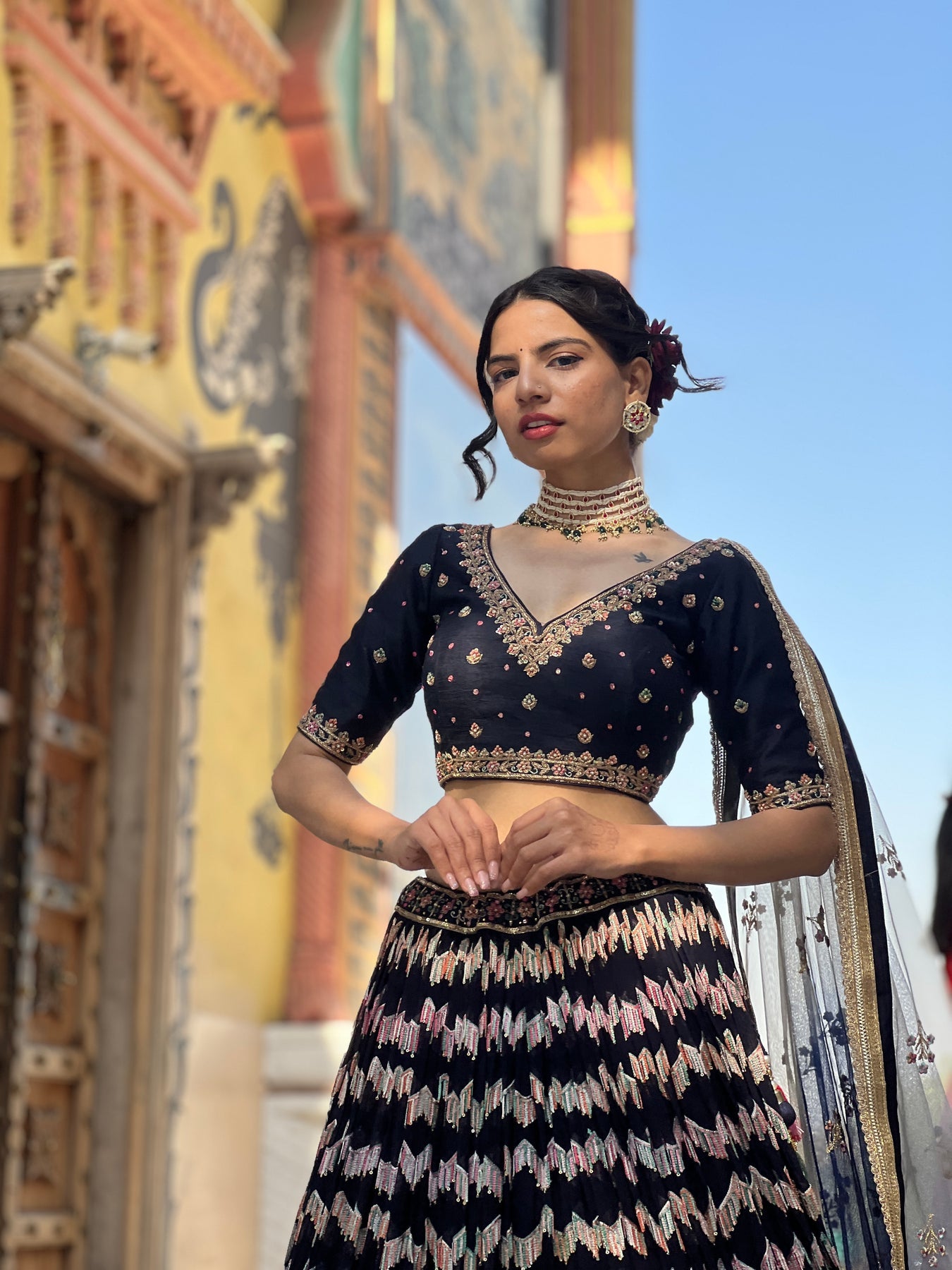 Adorable Blue Color floral Motif Embroidered Lehenga