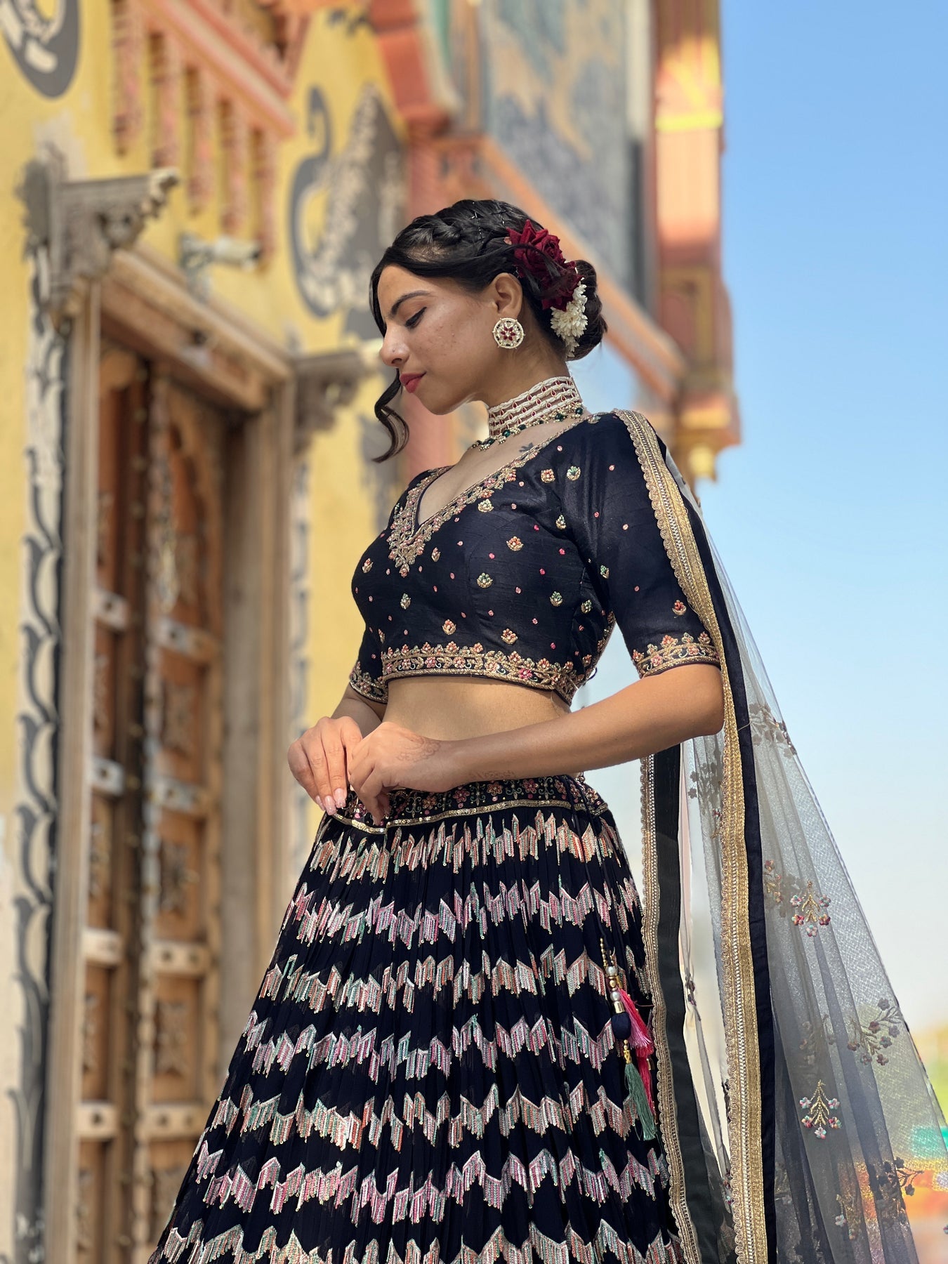 Adorable Blue Color floral Motif Embroidered Lehenga