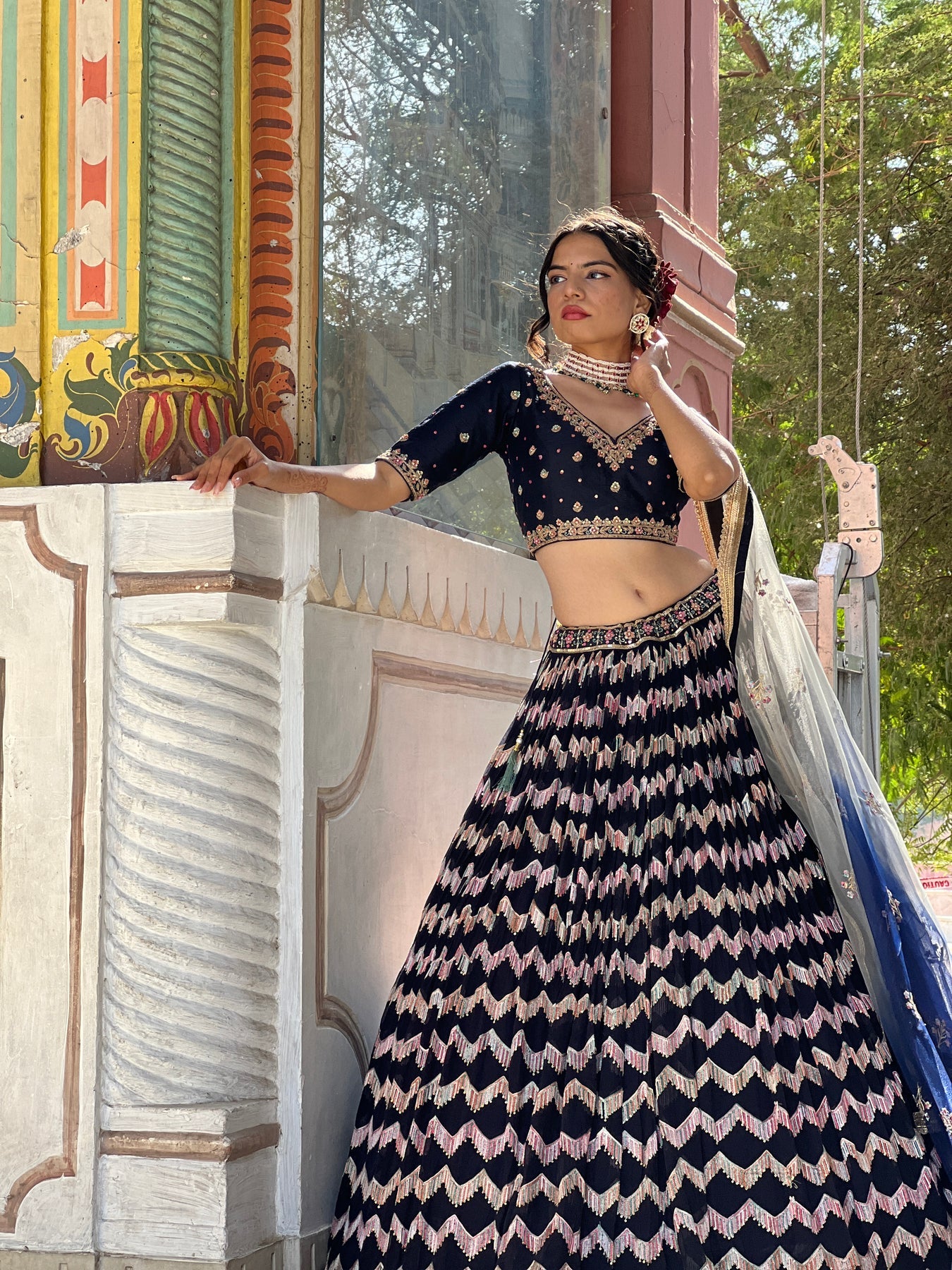 Adorable Blue Color floral Motif Embroidered Lehenga