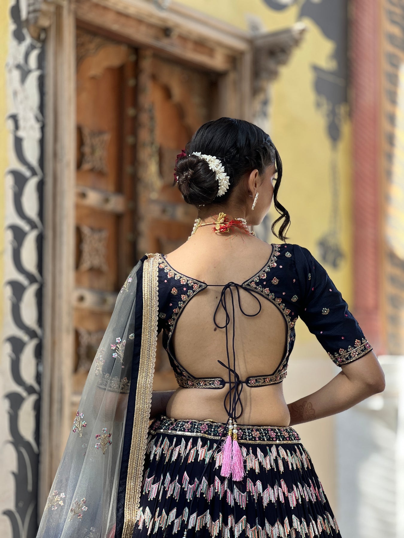 Adorable Blue Color floral Motif Embroidered Lehenga