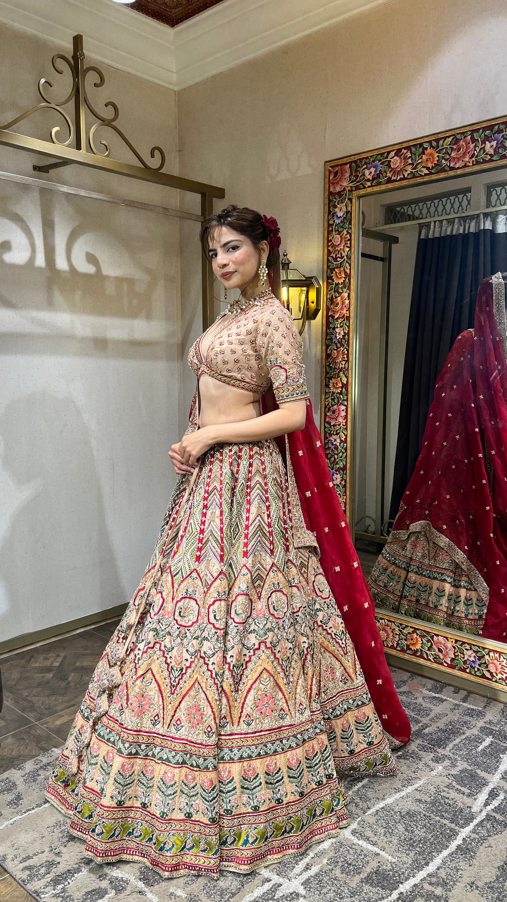 Beautiful Red & Beige Color Floral Embroidered Bridal Lehenga
