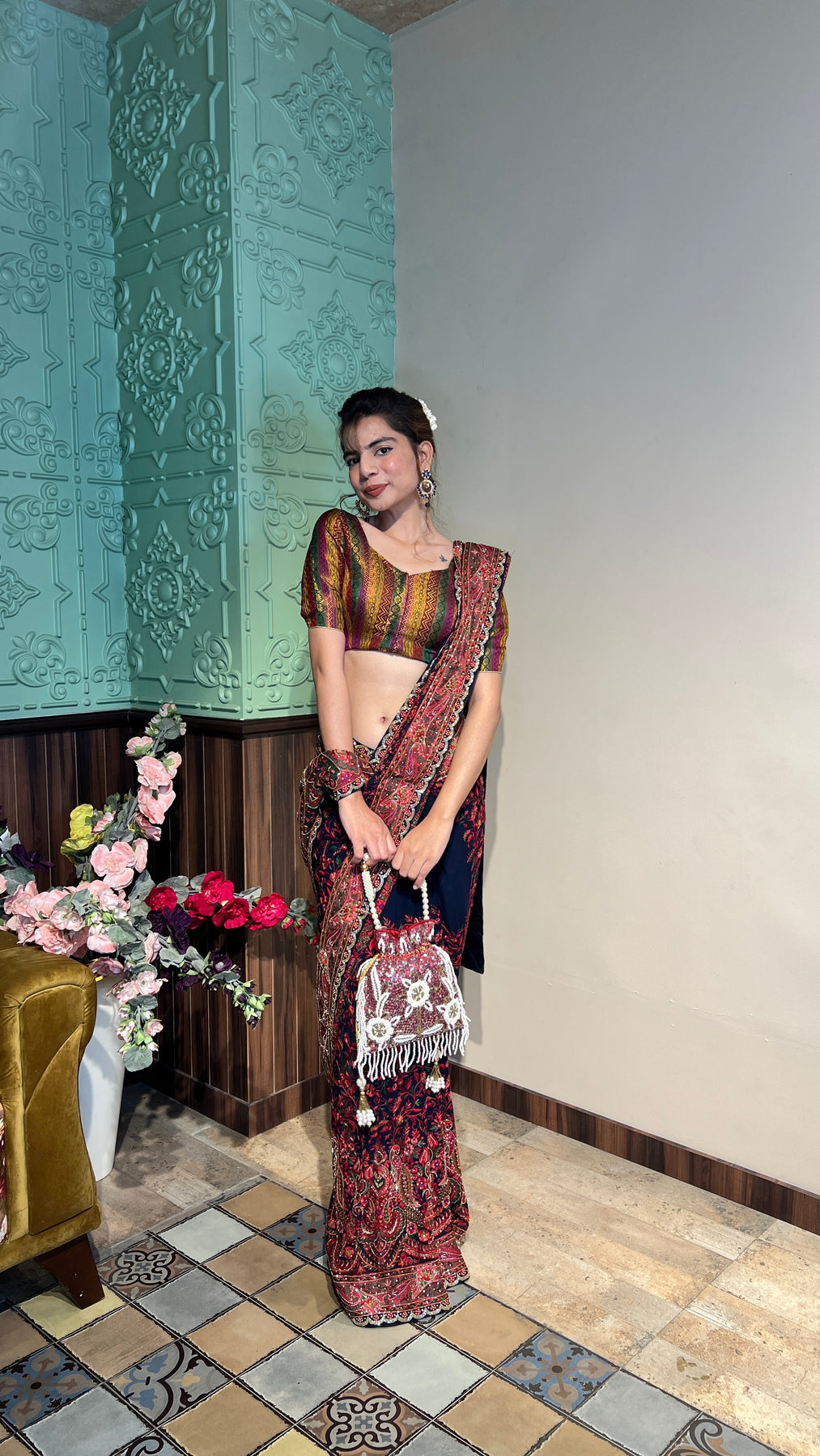 classic blue color floral motif embroidered saree