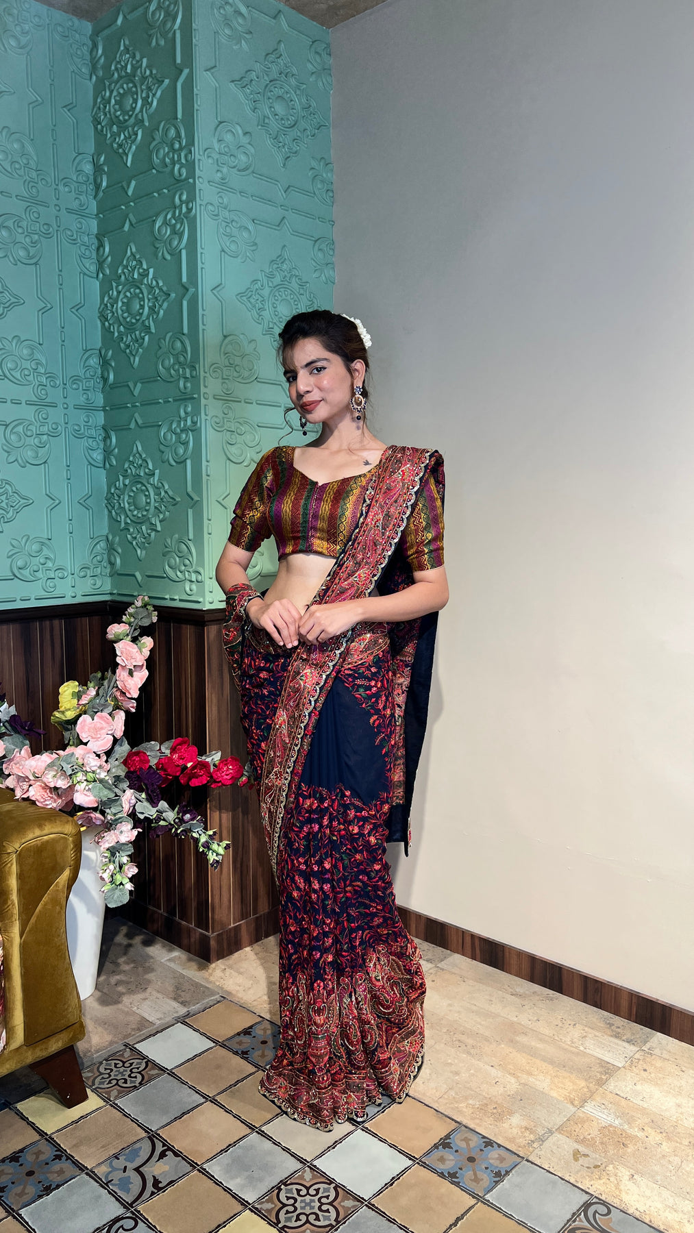 classic blue color floral motif embroidered saree