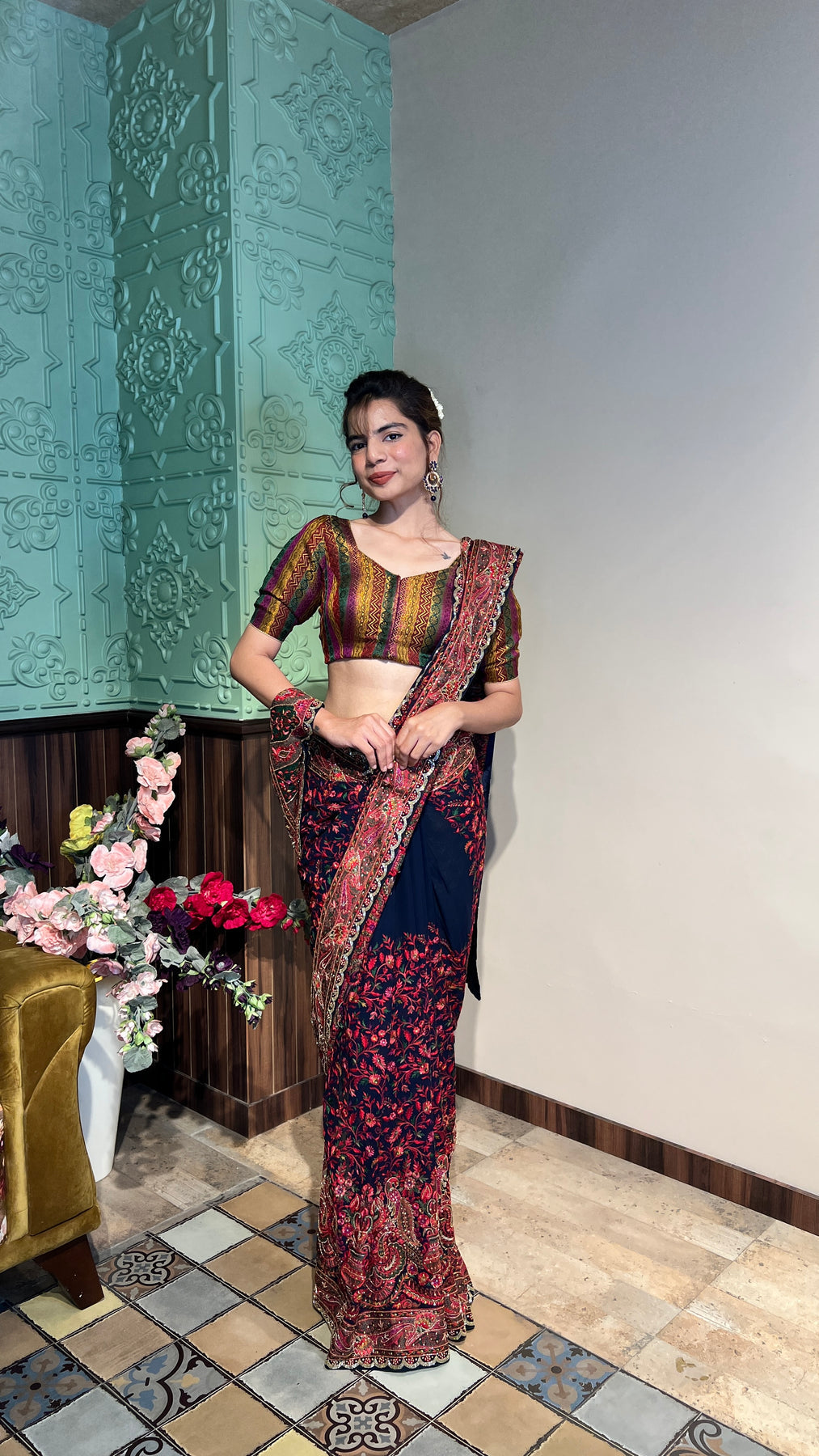 classic blue color floral motif embroidered saree