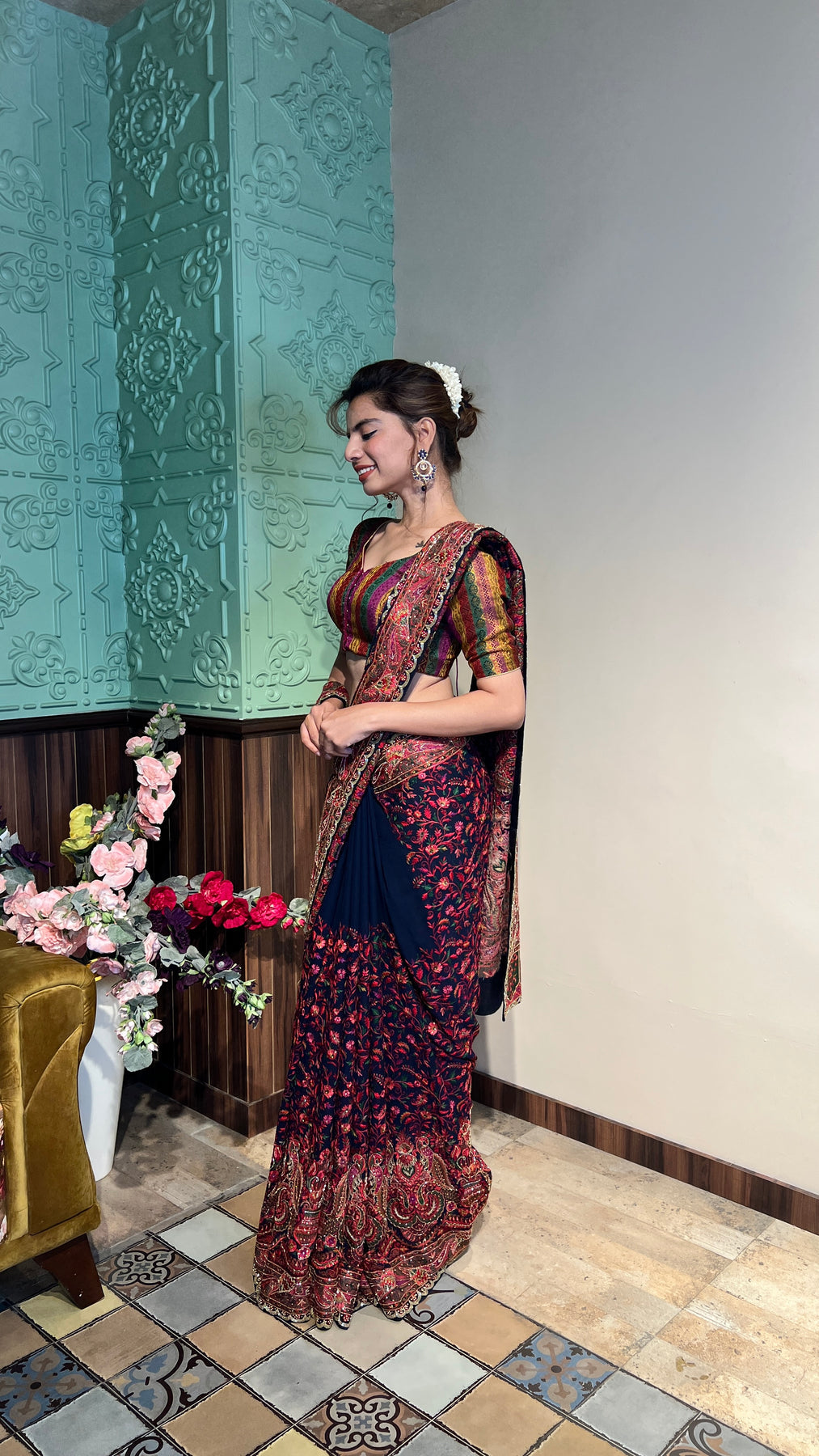 classic blue color floral motif embroidered saree