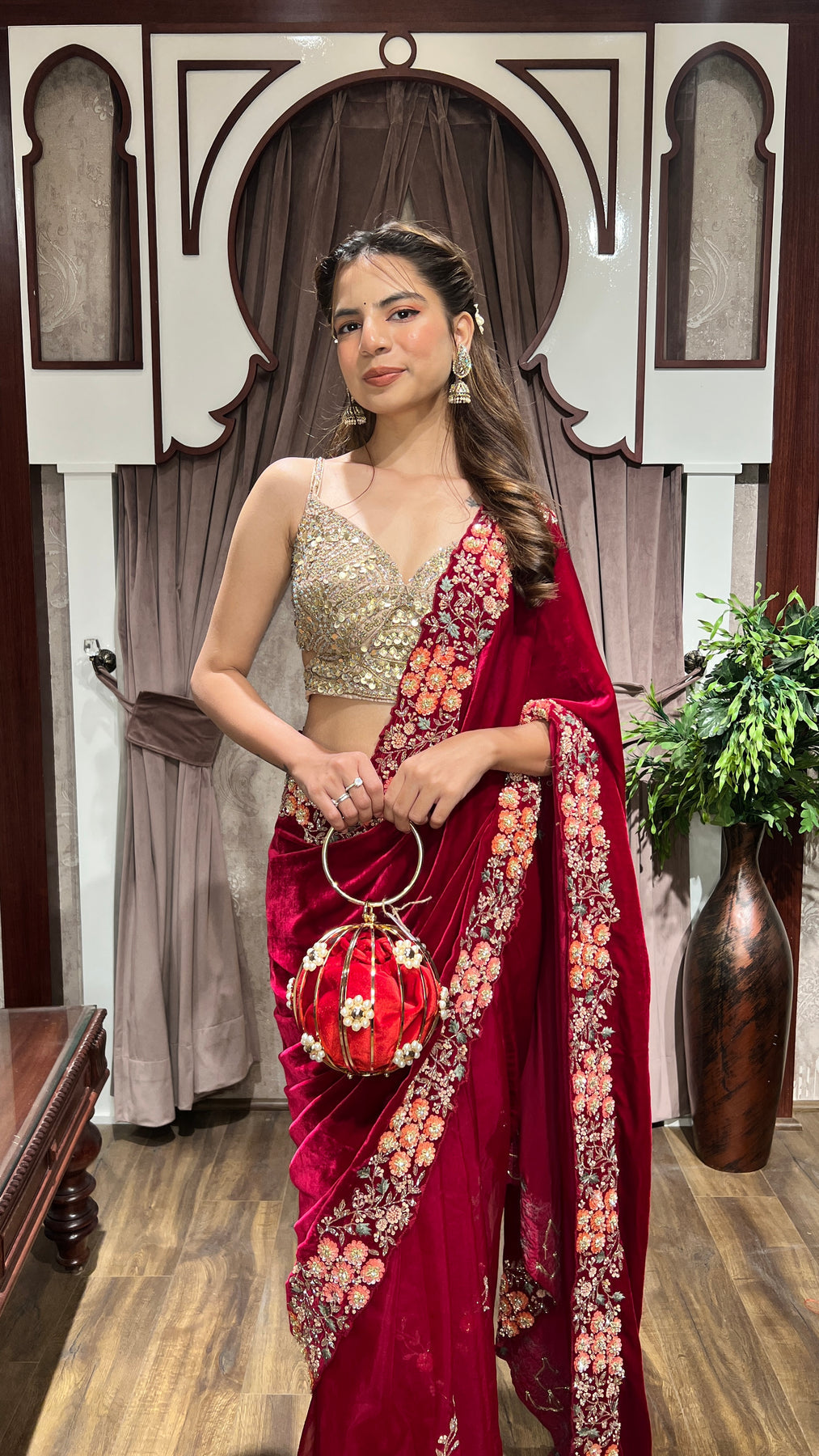 elegant red color floral motif embroidered saree