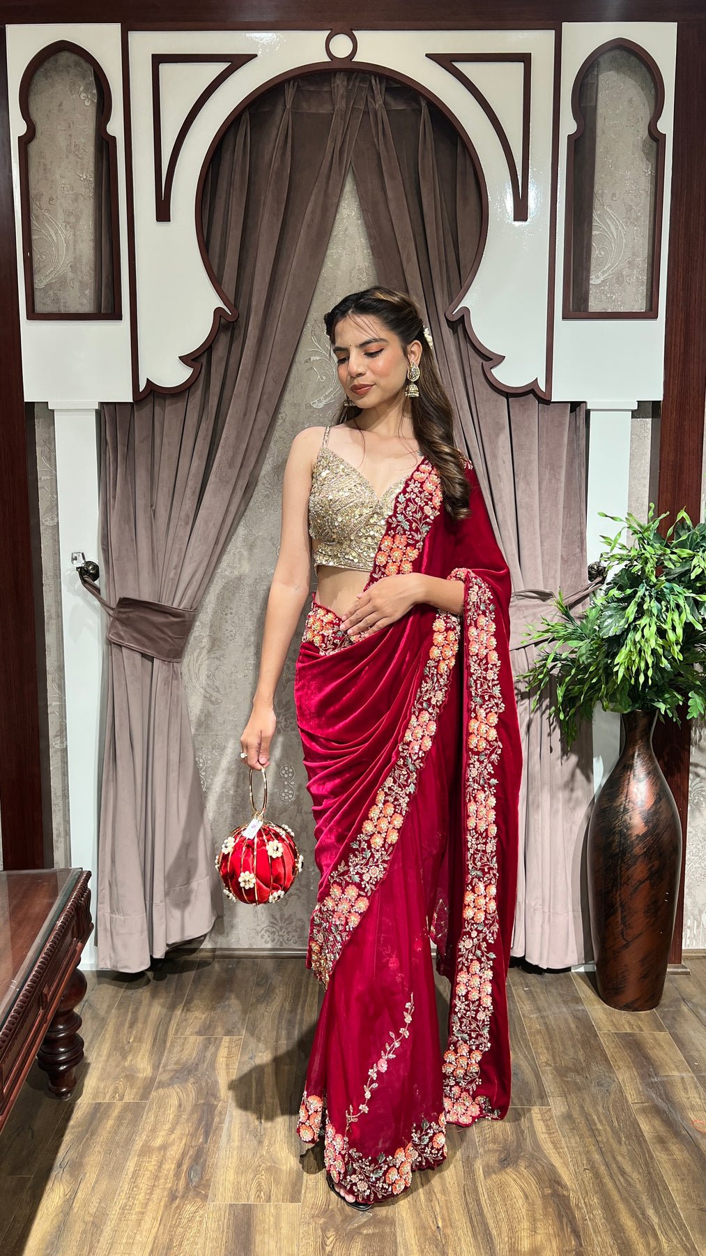 elegant red color floral motif embroidered saree