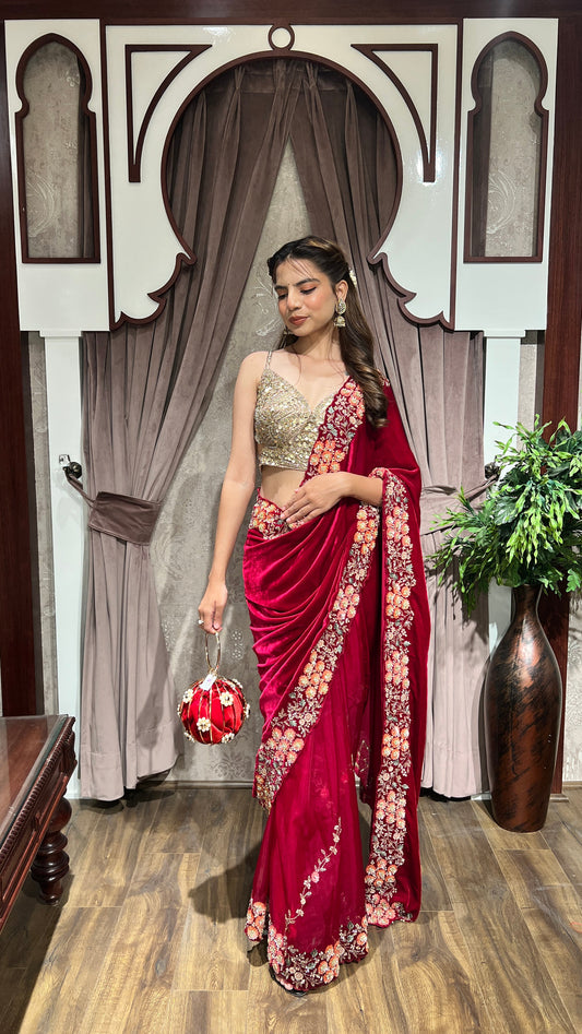 elegant red color floral motif embroidered saree