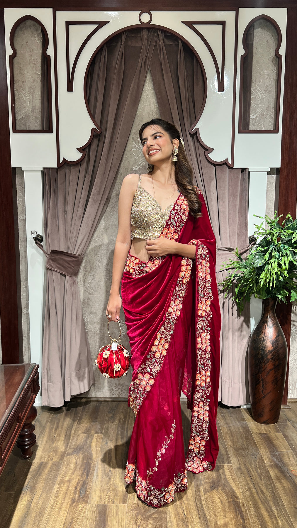 elegant red color floral motif embroidered saree