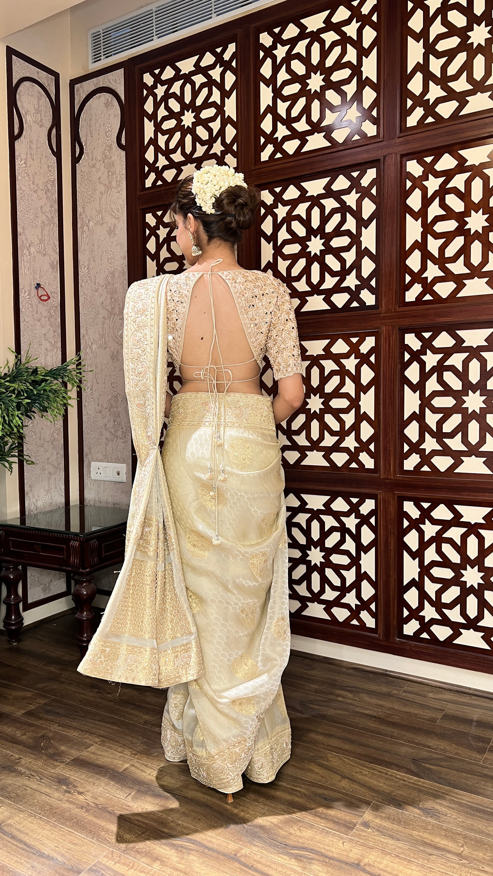 adorable beige color floral motif silk saree