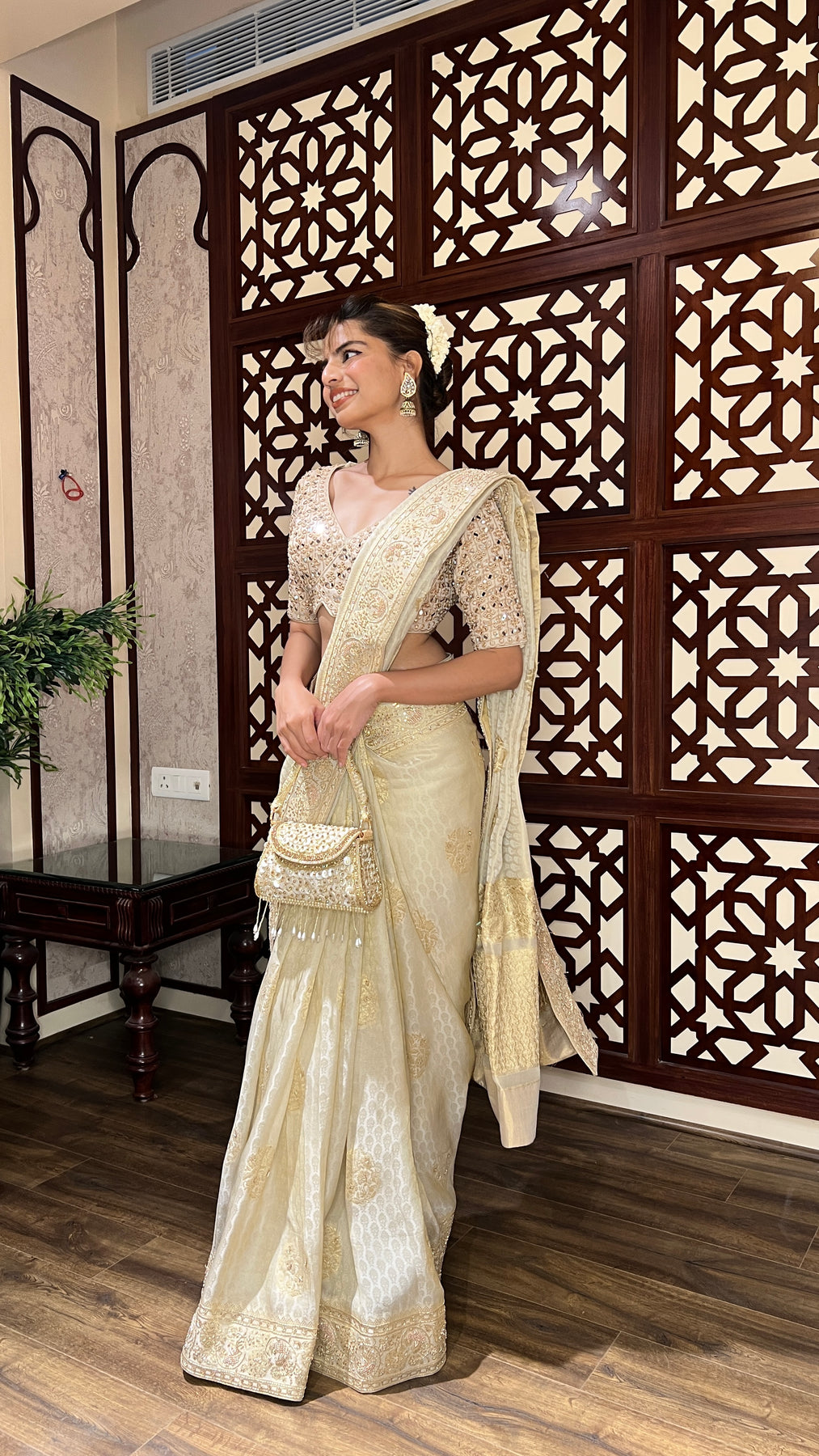 adorable beige color floral motif silk saree