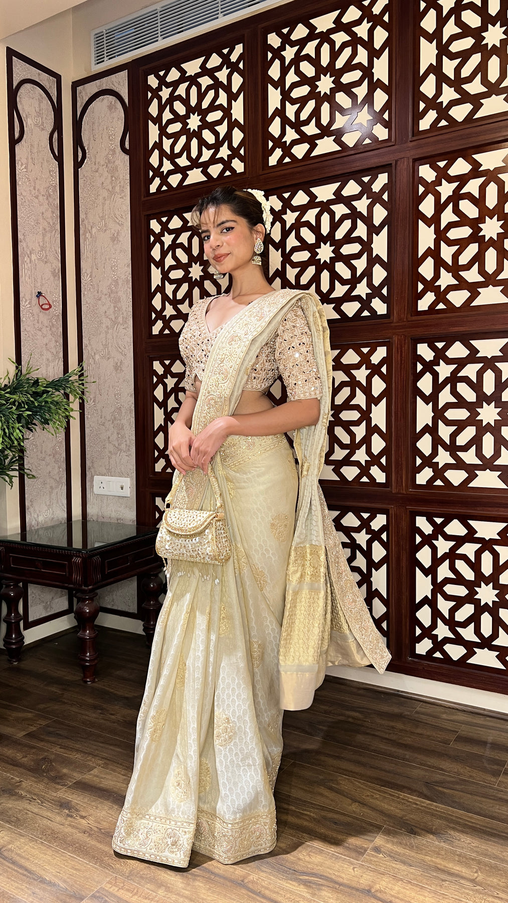 adorable beige color floral motif silk saree