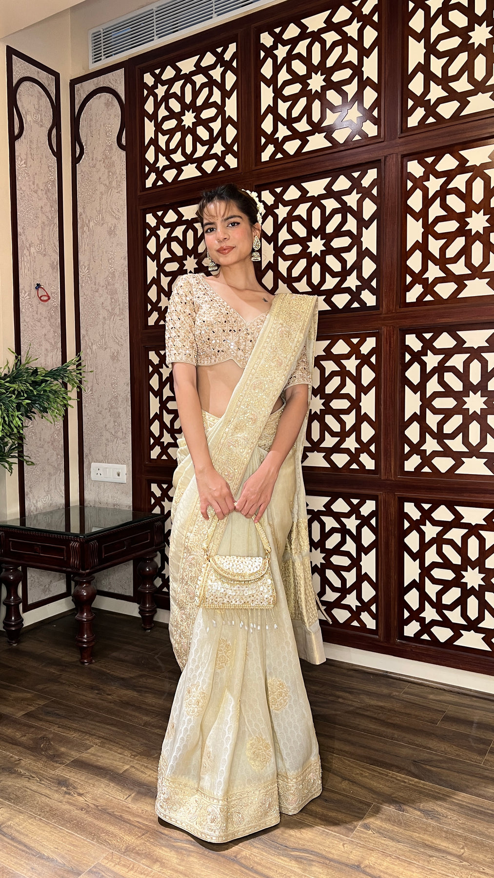 adorable beige color floral motif silk saree