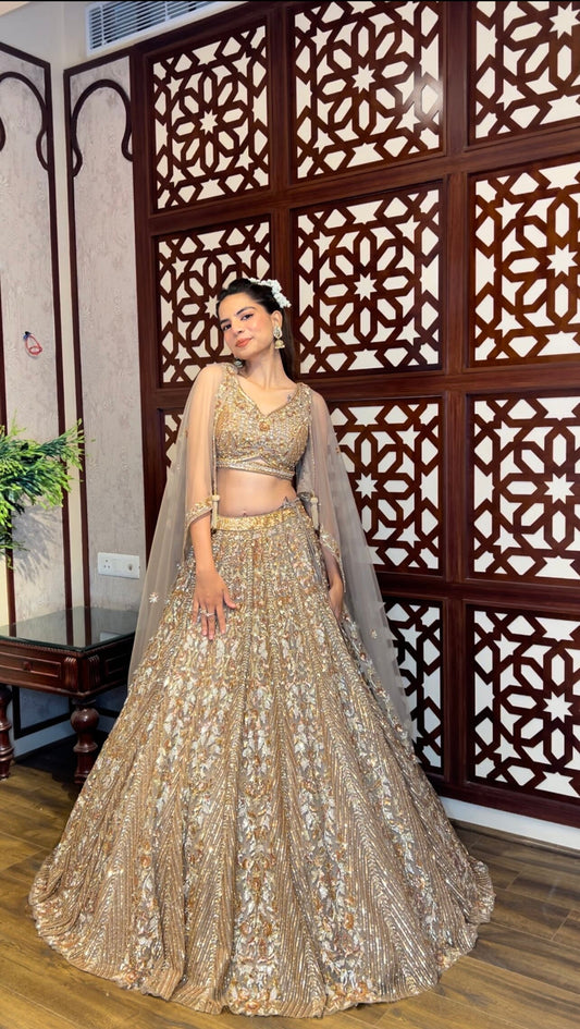 adorable golden color geometrical motif embroidered lehenga