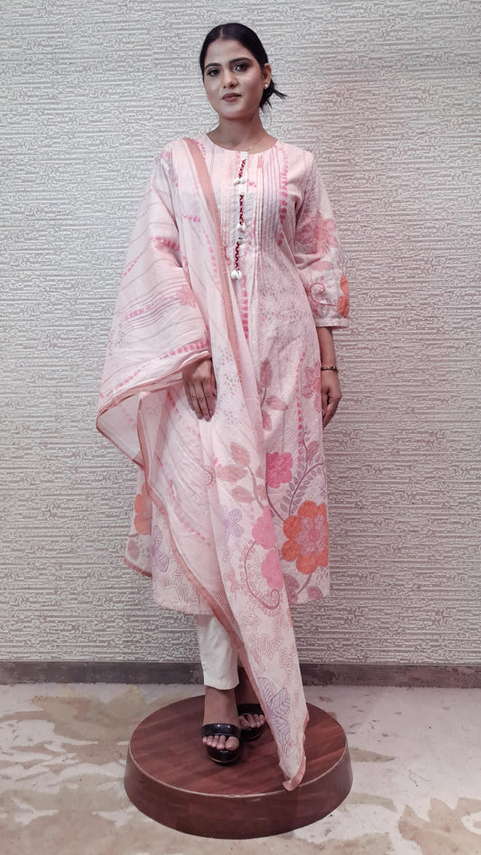 Classic Floral Pastel Cotton Suit With Self Embroidery
